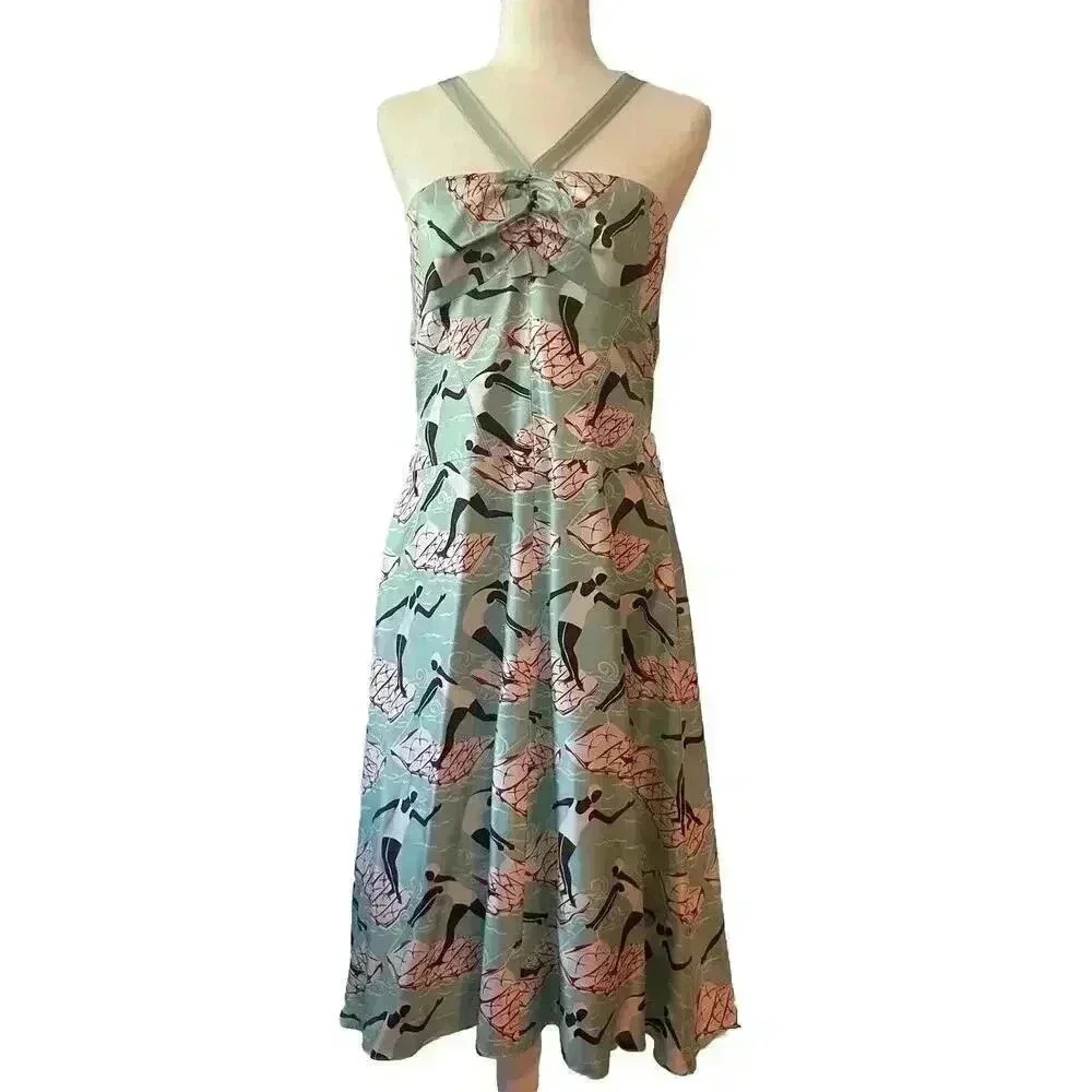 Carolina Herrera Midi Halter Silk Dress 10 Swimming Ladies 1930 Novelty Designer
